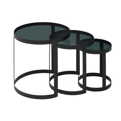 Set of 3 Black Glass Top and Metallic Base Nesting Tables, Corra