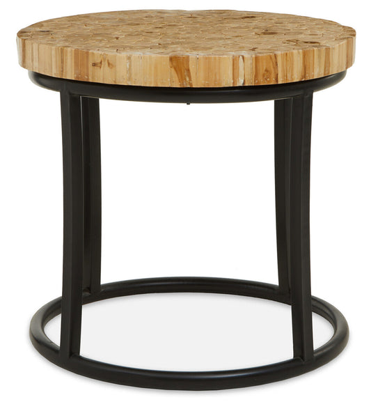 Teak Wood Mosaic Round Top Coffee Table with Black Iron Frame | Malang