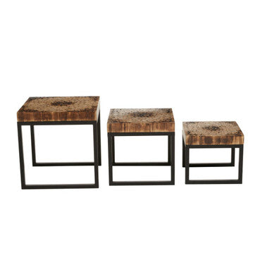 Set of 3 Rustic Teakwood Top Nesting Tables with Black Metallic Bases | Malang