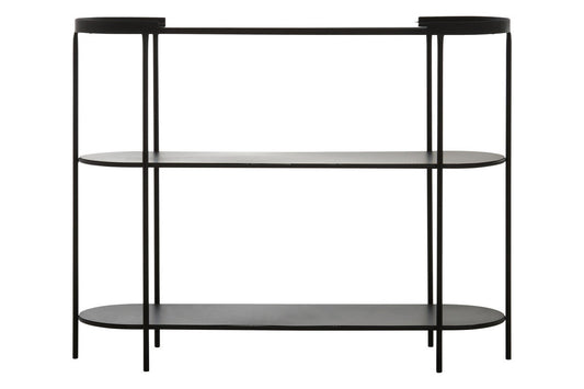 Grey Glass Top Console Table with Two-Tier Shelves and Black Metal Frame, Trento