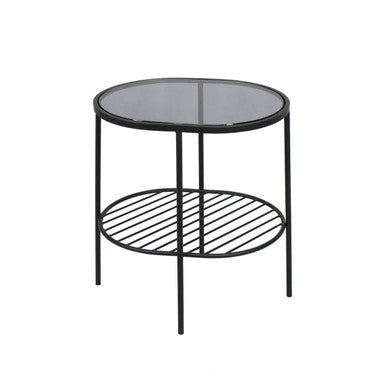 Grey Tempered Glass Side Table with Lower Metal Tier and Black Iron Frame | Trento