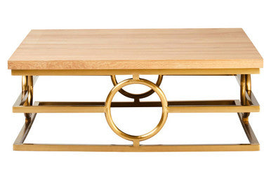 Natural Oak Wood Rectangular Coffee Table with Gold Finish | Jarloi