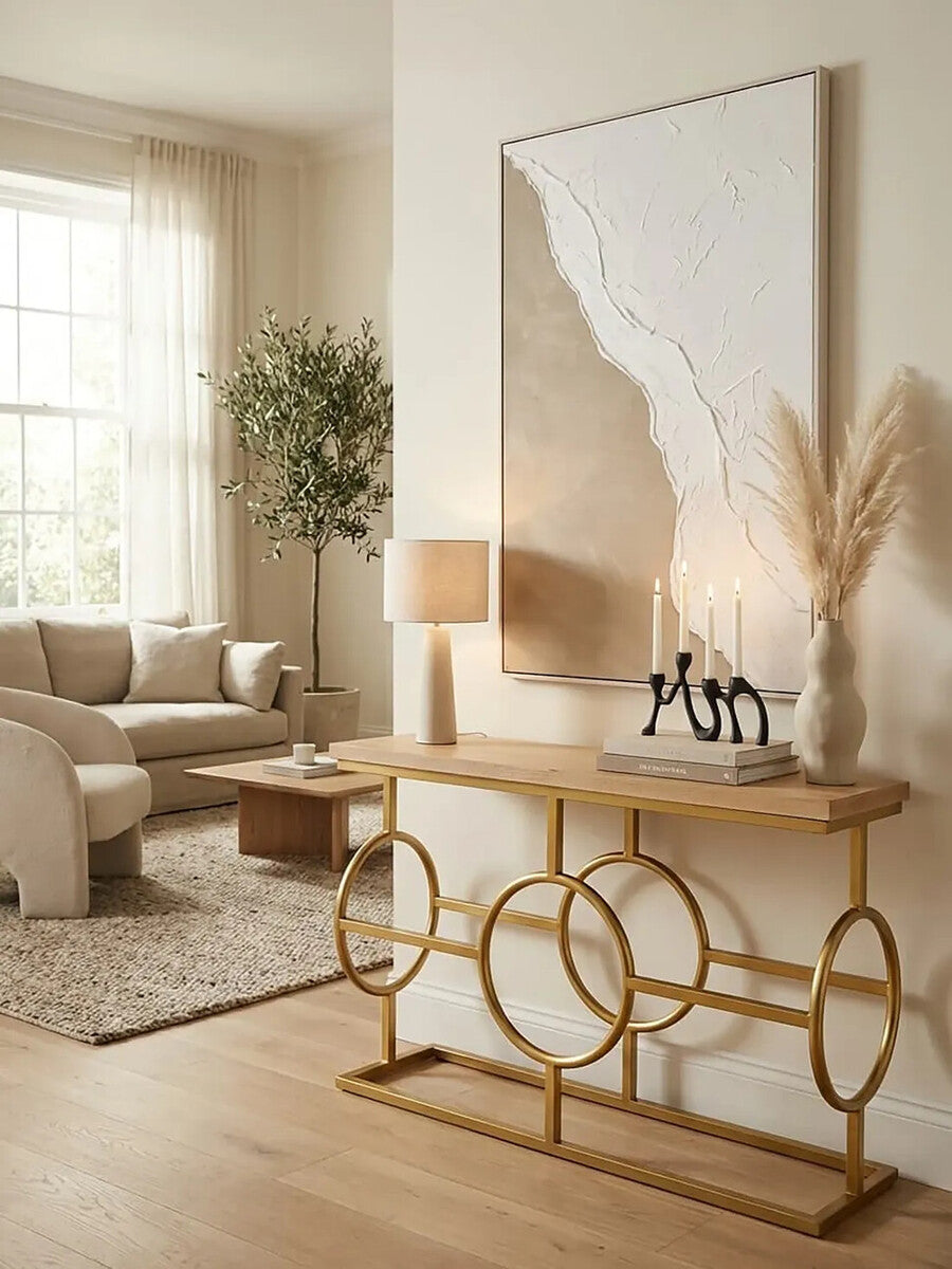 Natural Oak Wood Rectangular Console Table with Gold Finish | Jarloi