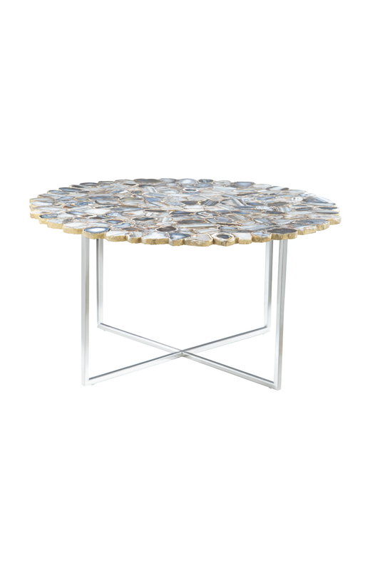 Silver and Assorted Agate Stone Top Coffee Table with Stainless Steel Cross Legs | Rabia