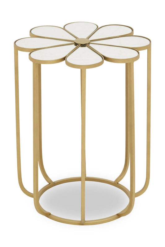 White and Gold Iron Frame Side Table with Petal Design Mirrored Top | Rabia