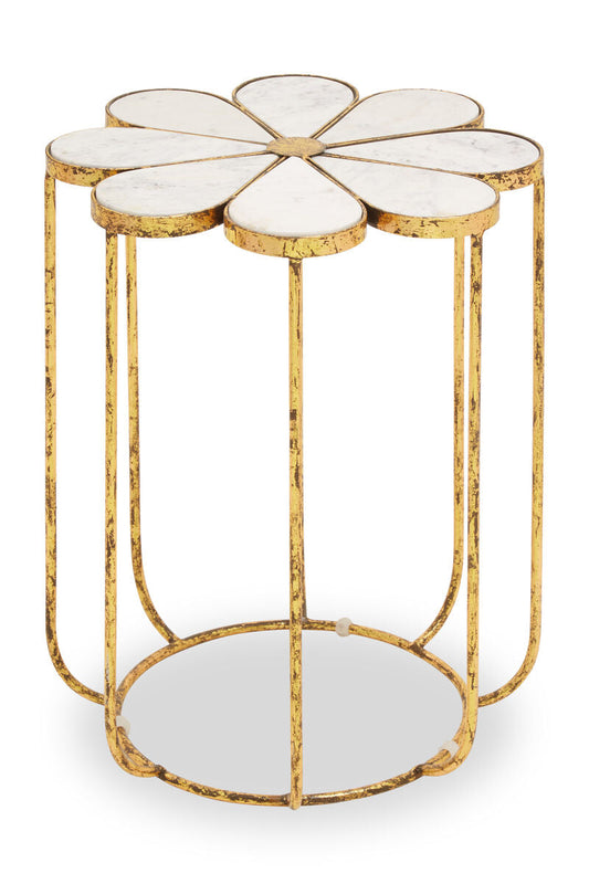 White Polished Marble Top Side Table with Petal Design Openwork Base | Rabia