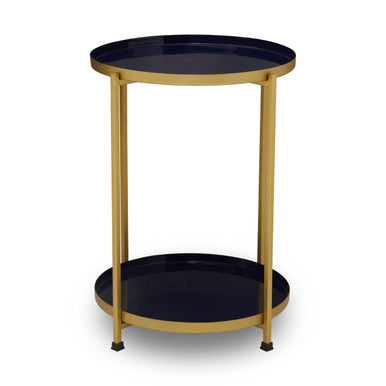 Blue Enamel Metal Two-Tier Side Table with Brass Finish Frame | Rabia
