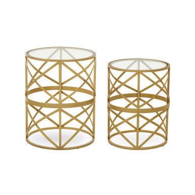 Gold Mirrored Top Set of 2 Side Table with Diamond Pattern Frames | Rabia