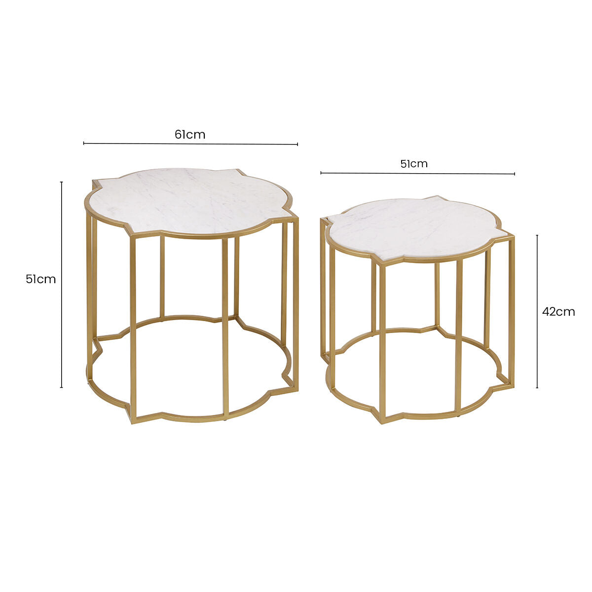 White Marble Quatrefoil Top Set of 2 Side Table with Brass Finish Frames, Rabia