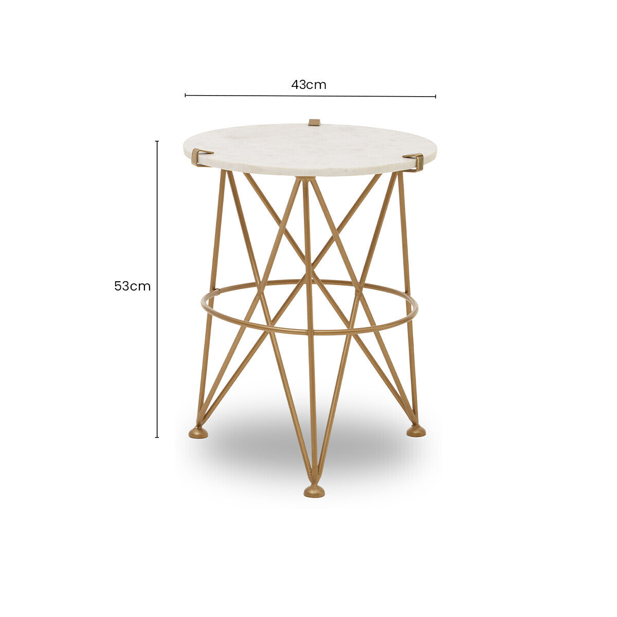 White Rounded Marble Top Side Table with Gold Brass Finish Intersecting Legs | Rabia
