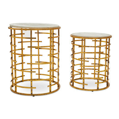 Set of 2 White Marble Tops Round Nesting Tables with Gold Metallic Base | Rabia
