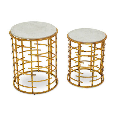 Set of 2 White Marble Tops Round Nesting Tables with Gold Metallic Base | Rabia