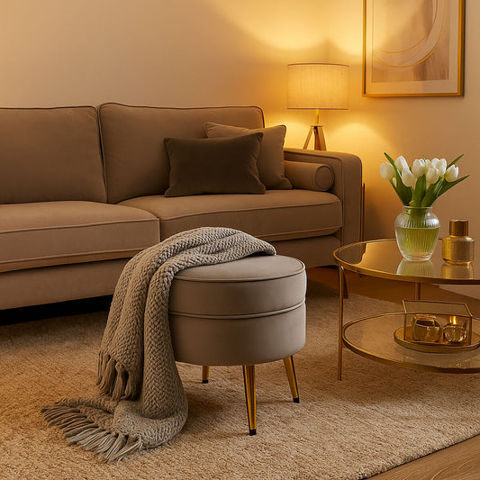 Tamra Round Mink Velvet Gold Leg Footstool