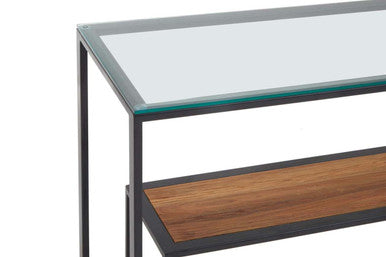 Tempered Glass Top 2-Tier Console Table with Wood Lower Shelf and Black Metallic Frame | Cibo
