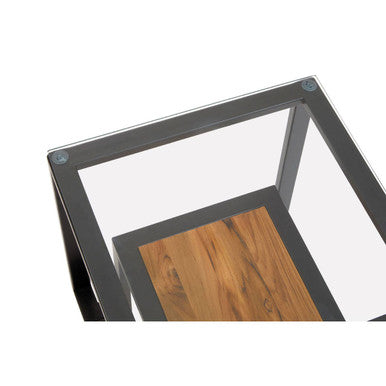 Clear Glass Top Side Table with Lower Wood Shelf and Black Metal Frame | Cibo