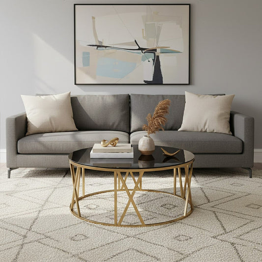 Alana Round Coffee Table with Gold Frame and Black Glass
