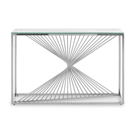 Amella Silver Stainless Steel Console Table with Clear Tempered Glass Top