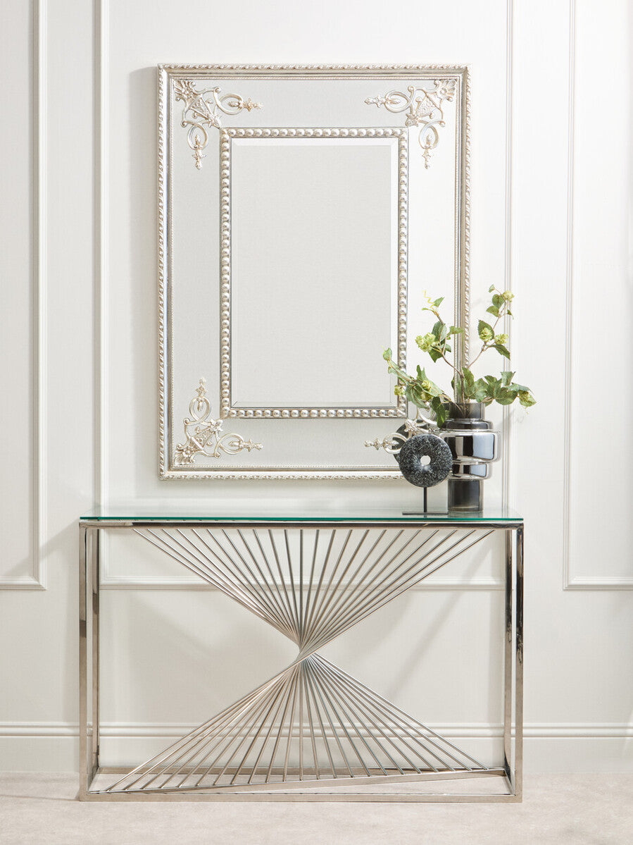 Amella Silver Stainless Steel Console Table with Clear Tempered Glass Top