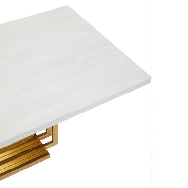 Ivory White Faux Marble Top Coffee Table with Geometric Gold Finished Stainless Steel Frame, Moda