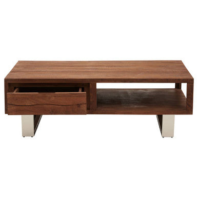 Brown Acacia Wood 1-Drawer Coffee Table with 1 Open Shelf and Stainless Steel Legs, Simla