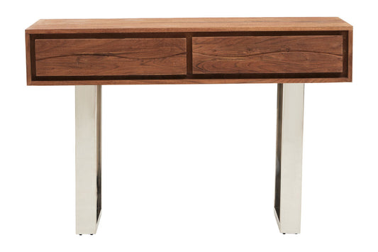 Brown Warm Toned Acacia Wood Two-Drawer Console Table with Silver Stainless Steel Legs | Simla