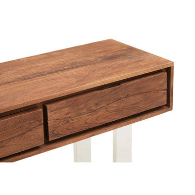 Brown Warm Toned Acacia Wood Two-Drawer Console Table with Silver Stainless Steel Legs | Simla