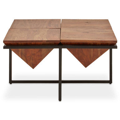 Brown Acacia Wood Pyramid Style Coffee Table with Black Metal Frame | Shimla