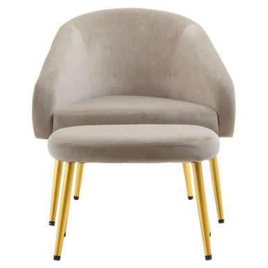 Yasmeen Mink Velvet Chair and Footstool with Gold Powder Coated Legs