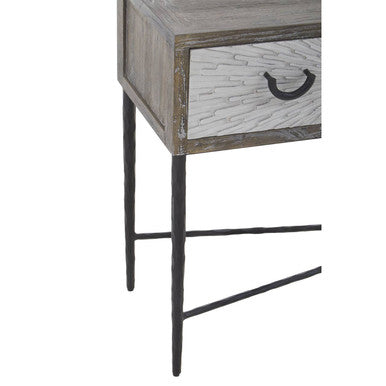Dark Mud Grey Elm Wood 4-Drawer Console Table Textured Drawer Fronts and Antique Metal Legs, Milan