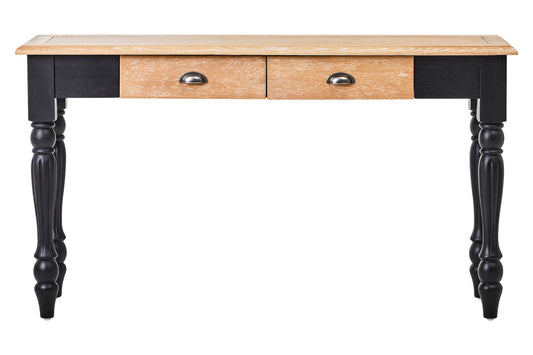 Natural Oak Veneer Top 2-Drawer Console Table with Black Knopped Birchwood Legs and Silver Cupped Handles | Kensington Townhouse
