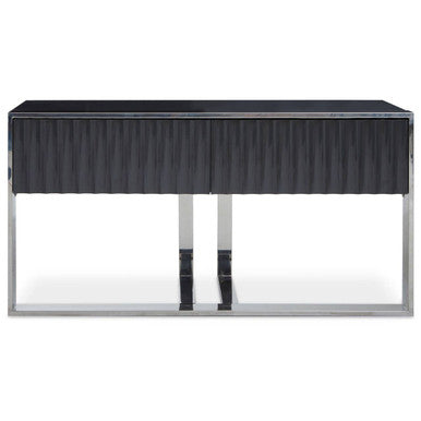 Grey Gloss Finish Fluted Top Console Table with 2 Drawers and Silver Steel Frame | Genoa