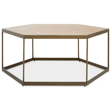 Natural Oak Hexagonal Veneer Coffee Table with Brown Brushed Brass Steel Frame | Grenoble