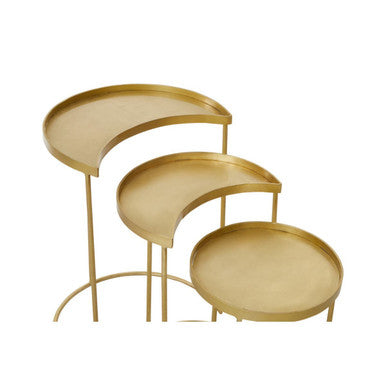 Set of 3 Antique Brass Finish Metallic Nesting Side Tables with Slim Legs and Half-Moon Tops, Suar