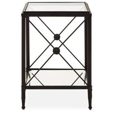 Black Metal Square Frame Side Table with Two-Tier Clear Glass Shelves and Floral Motif | Axis