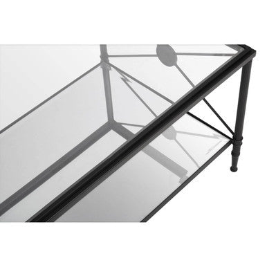 Black Finish Metal Frame Coffee Table with Two-Tier Glass Shelves and X-Shaped Sides Design | Axis