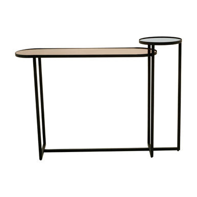 Smoked Mirror Top 2-Tier Console Table with Black Asymmetric Metal Frame | Cercle