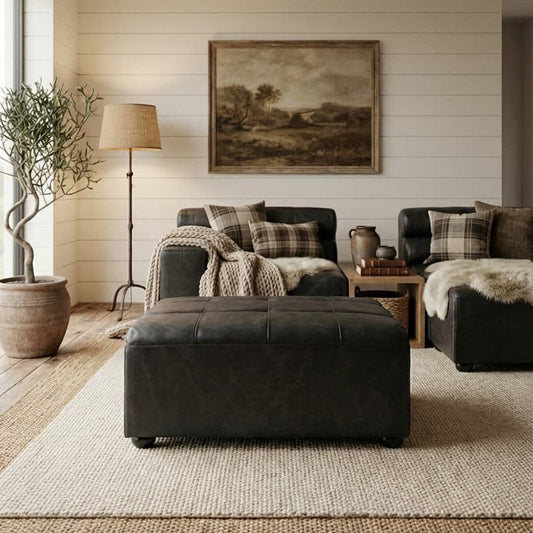 King Antique Black Genuine Leather Modular Ottoman with Channel Tufting