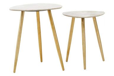 Set of 2 Natural Shagreen Leather Round Top Side Tables with Gold Finish Legs | Cadio