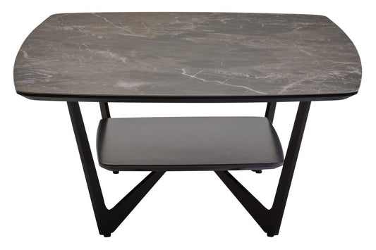 Grey Marble Effect Ceramic Top Coffee Table with Black Metal Legs and Lower Shelf, Imperia