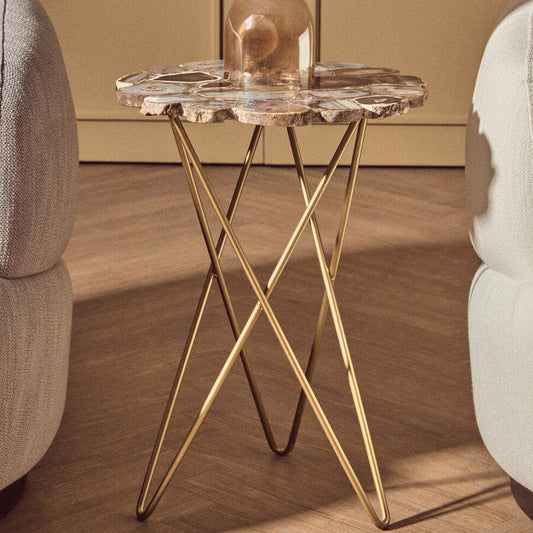Agate Top Side Table with Gold Finish Trim and Hairpin Metal Legs, Jaipur