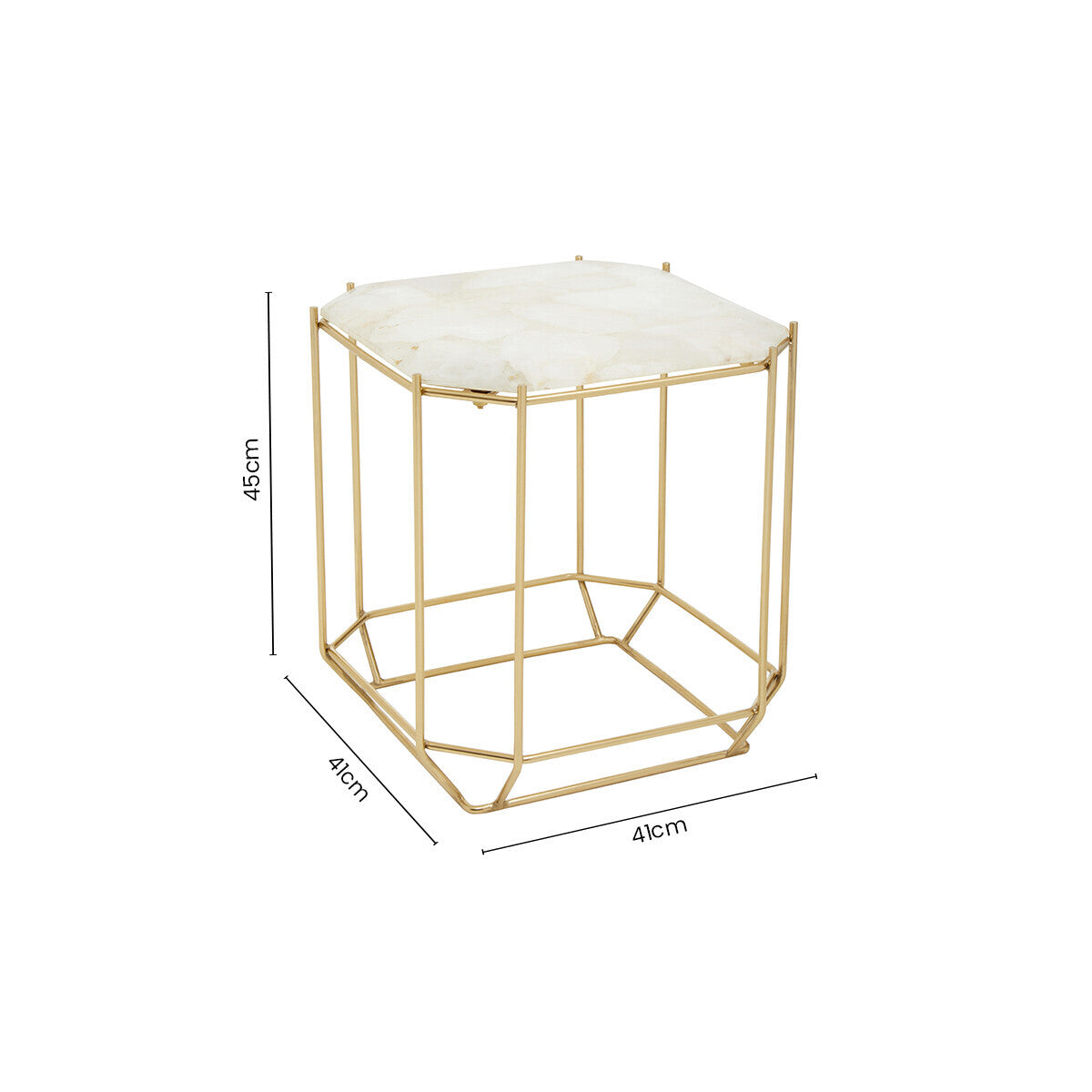 White Octagonal Stone Quartz Top Side Table with Warm Metallic Angular Base | Jaipur