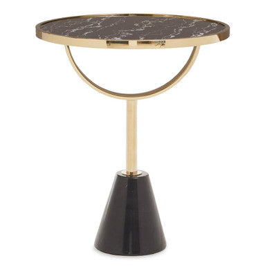 Black Glass Top Side Table with Gold Metal Column and Black Marble Base | Oria