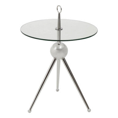 Clear Glass Top Side Table with Silver Stainless Steel Tripod Frame | Oria
