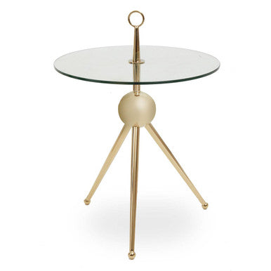 Clear Glass Top Side Table with Gold Tripod Metal Frame and Globe Detail, Oria