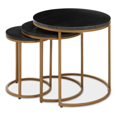Nest of 3 Black Marble Round Top Nesting Tables with Matte Gold Metal Base, Varana