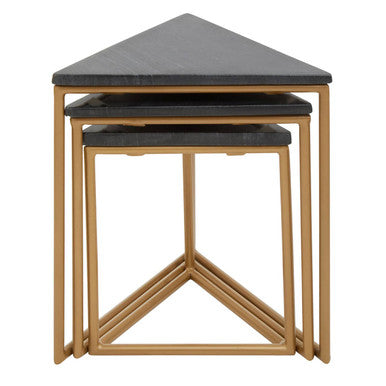 Set of 3 Black Marble Triangular Nesting Tables with Matte Gold Metal Frames | Varana