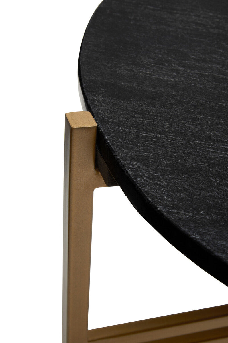Set of 2 Black Round Marble Top Side Tables with Gold Finish Geometric Metal Bases | Varana