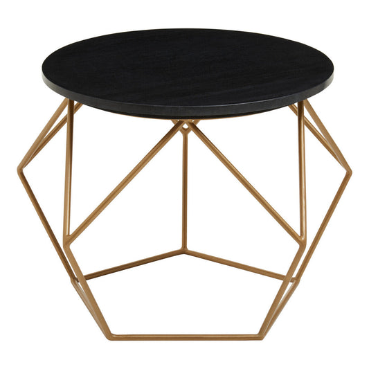 Black Round Marble Top Coffee Table with Matte Gold Finish Geometric Metal Frame, Varana