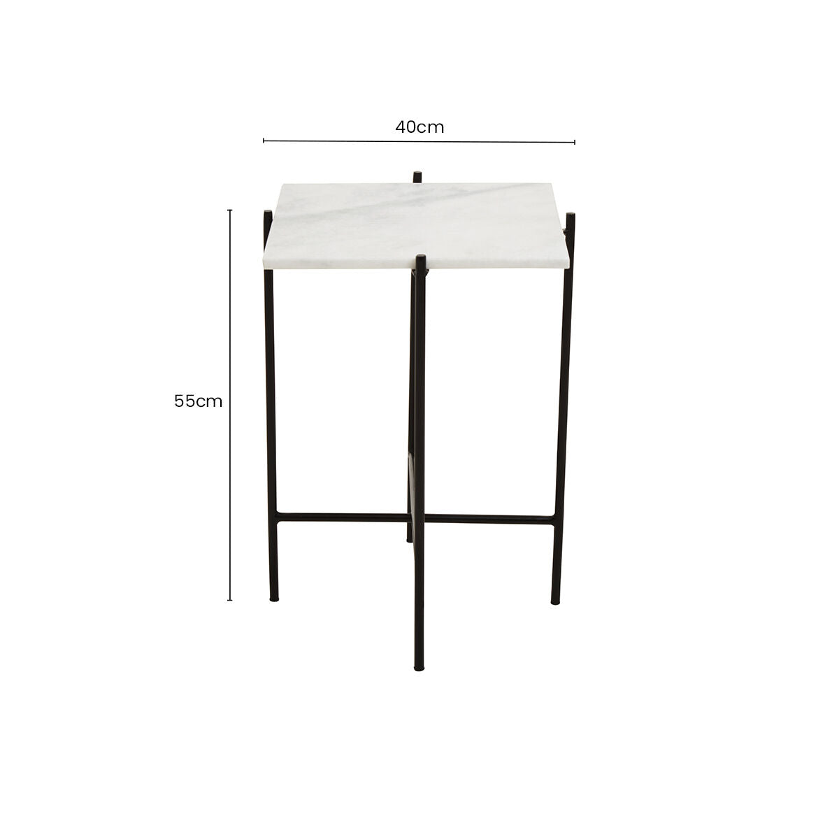 White Marble Square Top Side Table with Sleek Black Iron Base, Mandoli