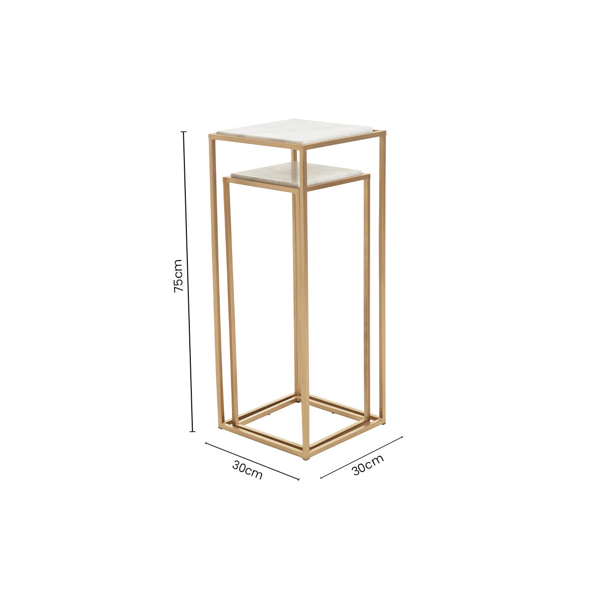 Nest of 2 White Marble Square Top Side Tables with Gold Metal Frame | Mandoli